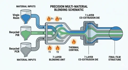 Como uma máquina de filme bolha de 7 camadas de alta velocidade realiza a mistura de múltiplos materiais?
