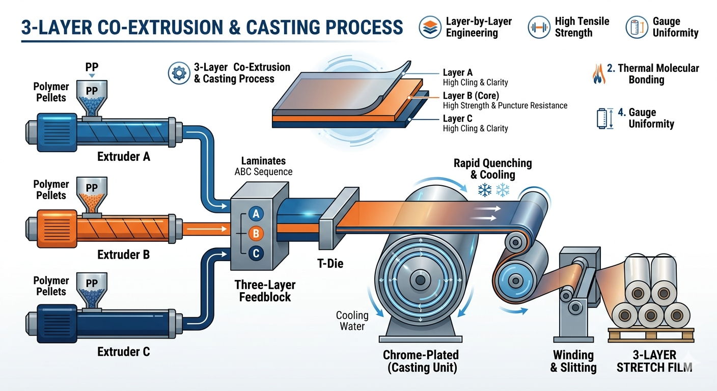 Cómo Una Extrusora De Película Estirable Forma Una Película Cast De 3 Capas