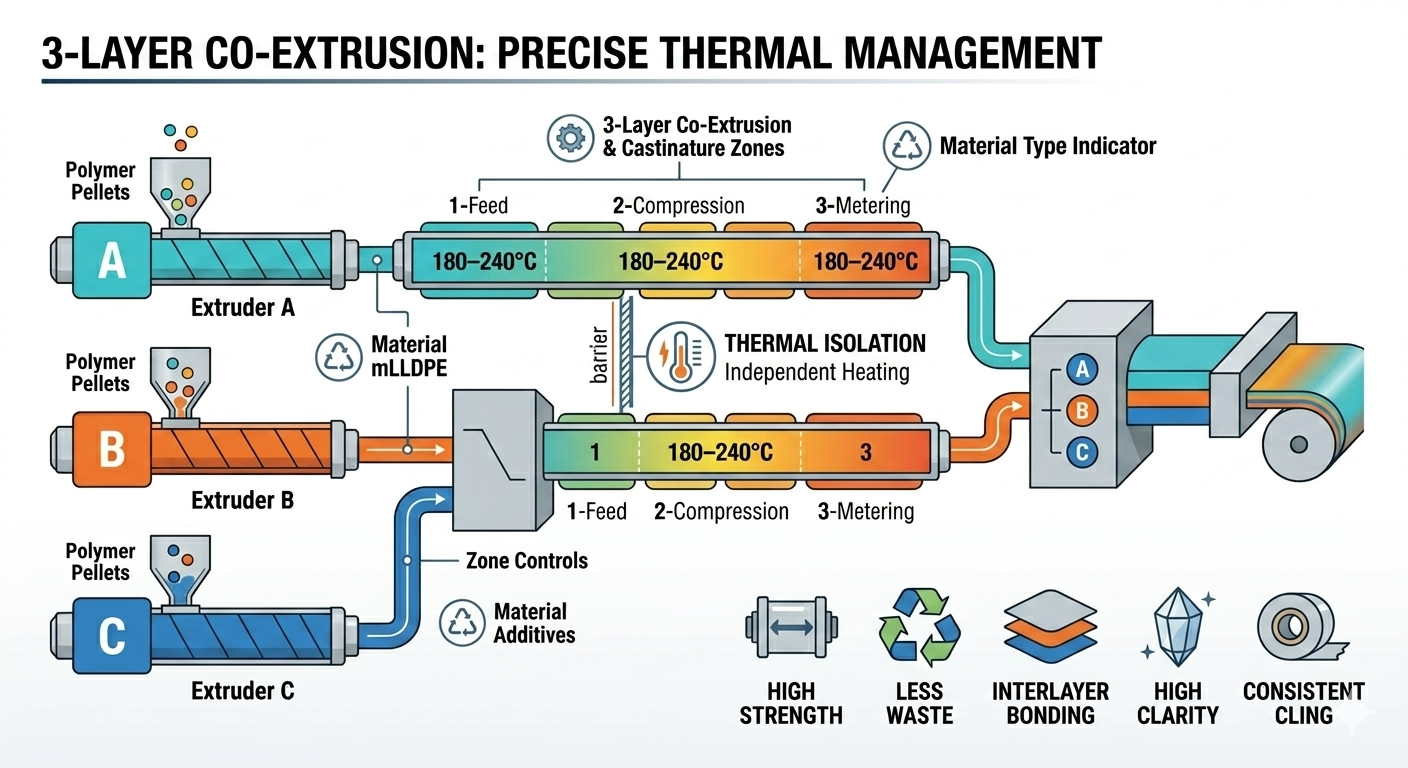 Extrusora de filme stretch: Como obter fusão e plastificação independente de materiais em 3 camadas?