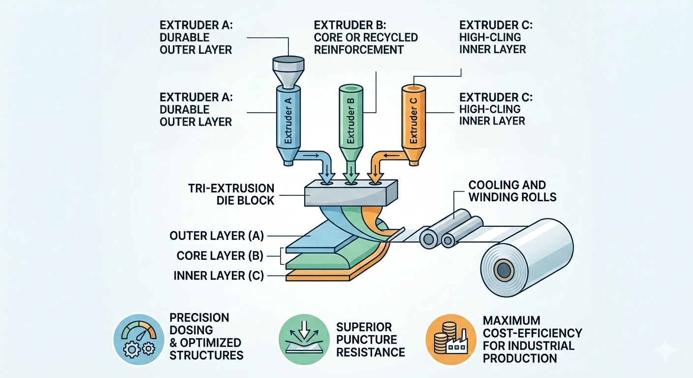 Como uma Extrusora de filme stretch de três camadas realiza a dosagem de precisão com três matérias-primas