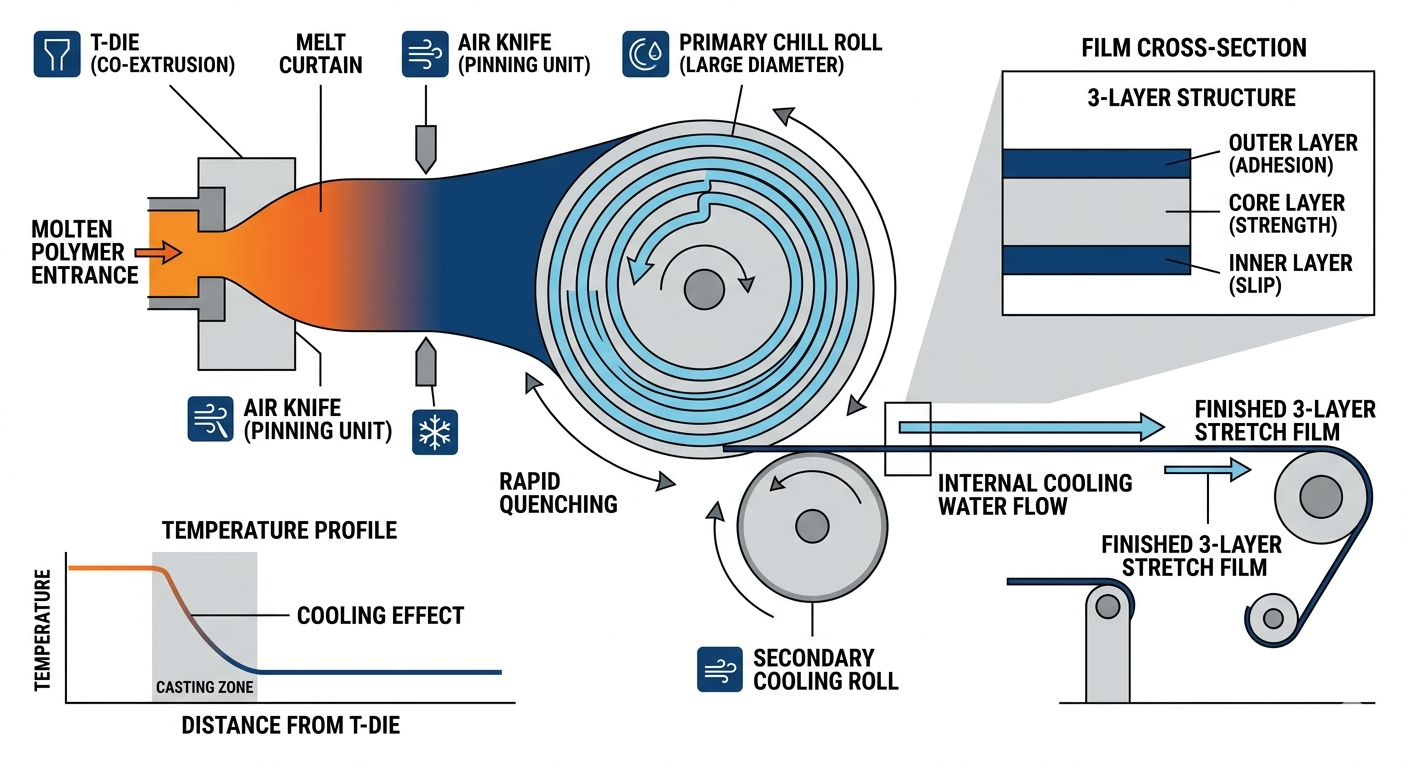 Processo de Resfriamento por Fundição da Extrusora de Filme Stretch de 3 Camadas