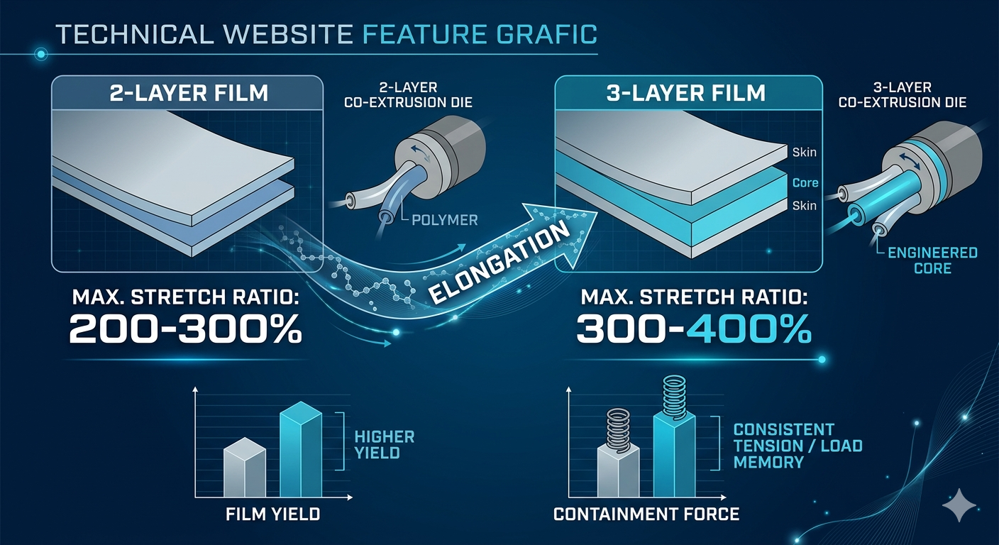 Разница в максимальном коэффициенте растяжения между 2-слойной и 3-слойной пленкой на Экструдер для стрейч-пленки