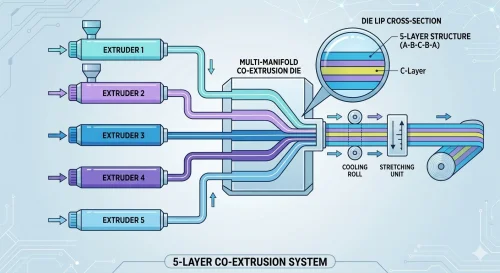 Sistema de coextrusão multicamada para Extrusora de filme stretch de 5 camadas