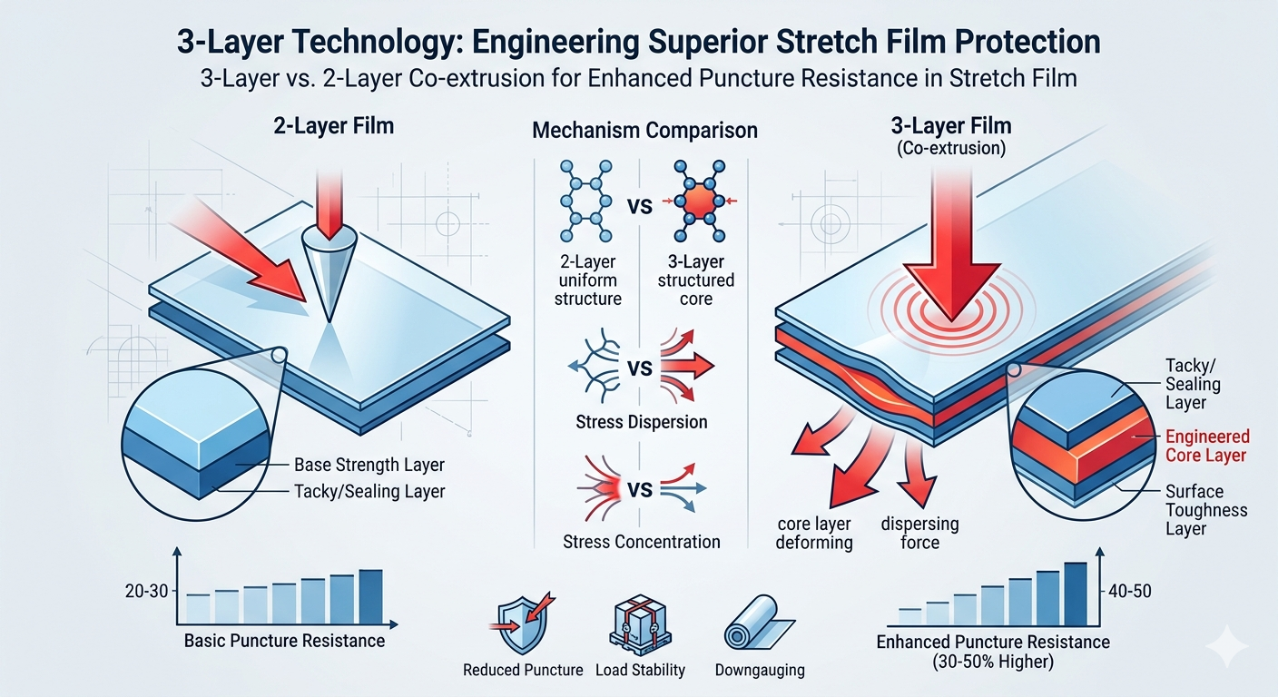 Diferencia en la resistencia al punzonado entre películas de 2 y 3 capas producidas por la Extrusora de película estirable