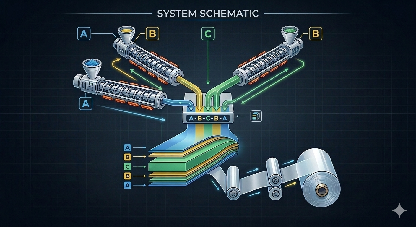 Multi-Raw Material Feeding System of 5-Layer Stretch Film Making Machine