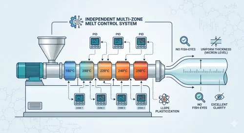Sistema de control de fusión multizona independiente de la Extrusora de película estirable de 5 capas